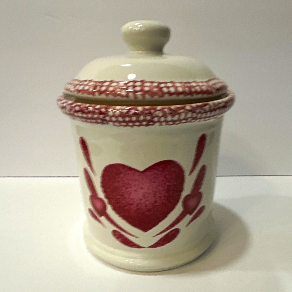 Ceramic 16 oz Canister Jar White/Red Hearts, Lid with Handle, Country